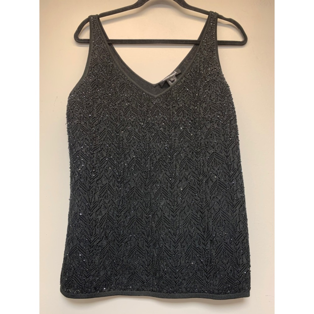 Ellen Tracy Tank Top Womens L Black Excellent Beaded Silk Blend‎ Chevron V-Neck